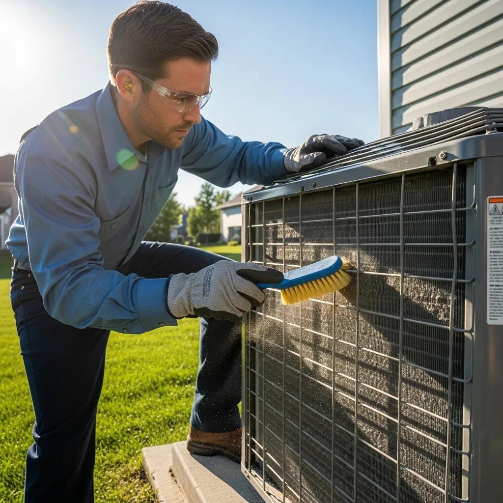 Technician cleaning the coils of an air conditioning unit to maintain efficiency