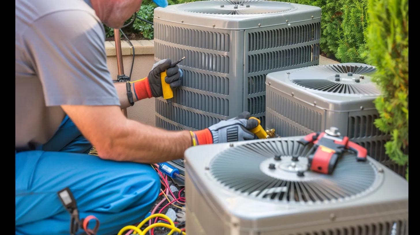 Technician performing HVAC maintenance on an air conditioning unit, emphasizing the importance of preventative care