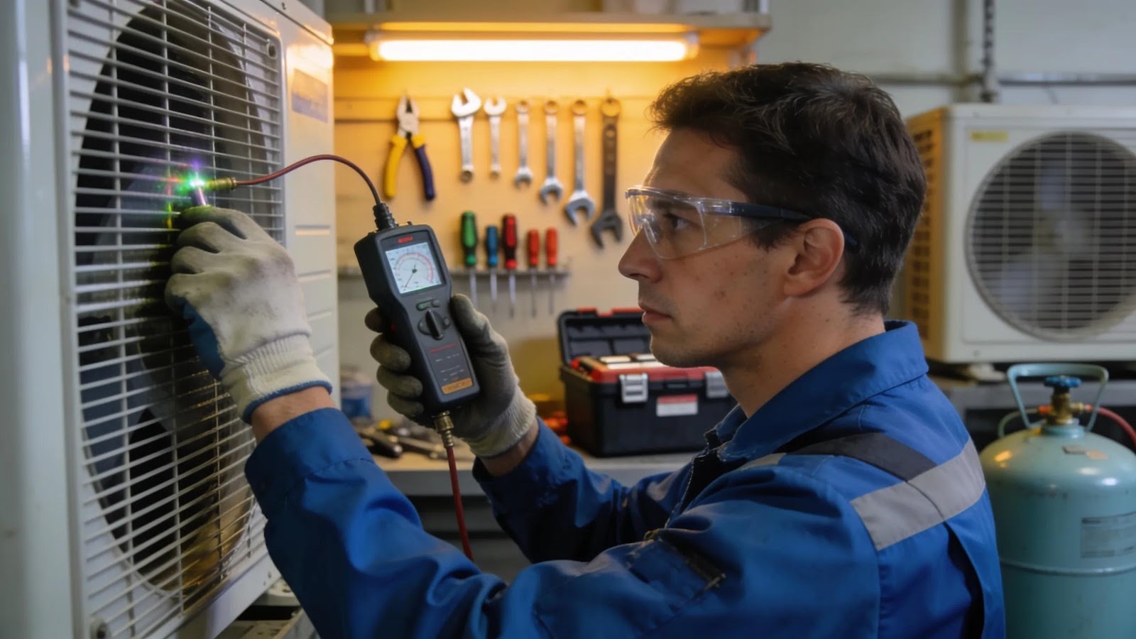 HVAC technician inspecting air conditioning for refrigerant leaks