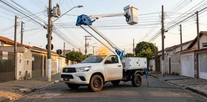 Picape com giroflex âmbar aceso no teto e cesto aéreo elevado junto a um poste de rede