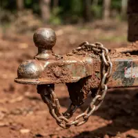 Detalhe da bola do engate acoplada à carreta, com a corrente de segurança
