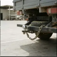 Detalhe da bola do engate de reboque com a corrente de segurança