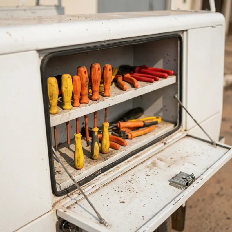 Compartimento do baú de fibra aberto, com prateleiras
