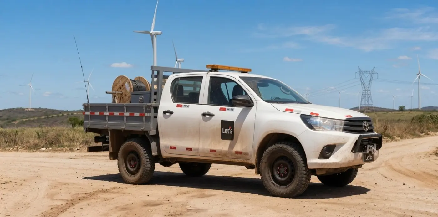 Picape com antena de rádio alta na carroceria e bobina de cabo, em estrada de terra com aerogeradores ao fundo