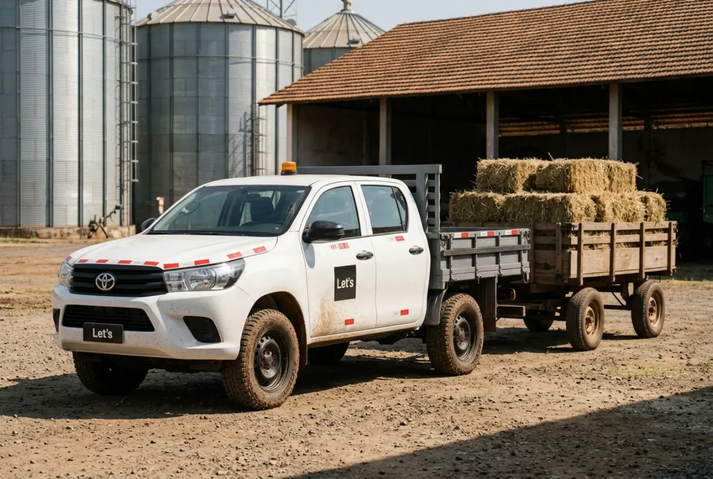 Picape engatada a uma carreta agrícola carregada de fardos de feno, no pátio de uma fazenda