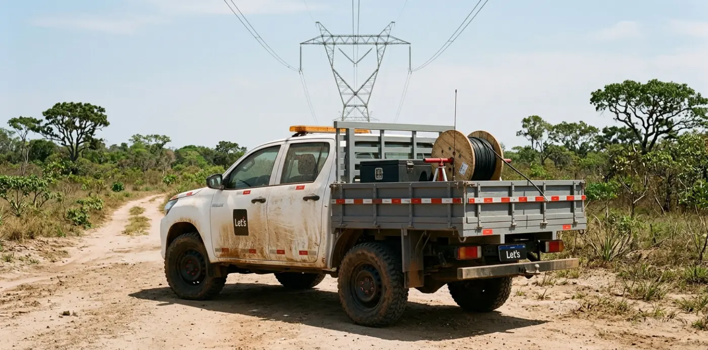 Picape com bobina de cabo em suporte na carroceria, em estrada de terra junto a torre de transmissão