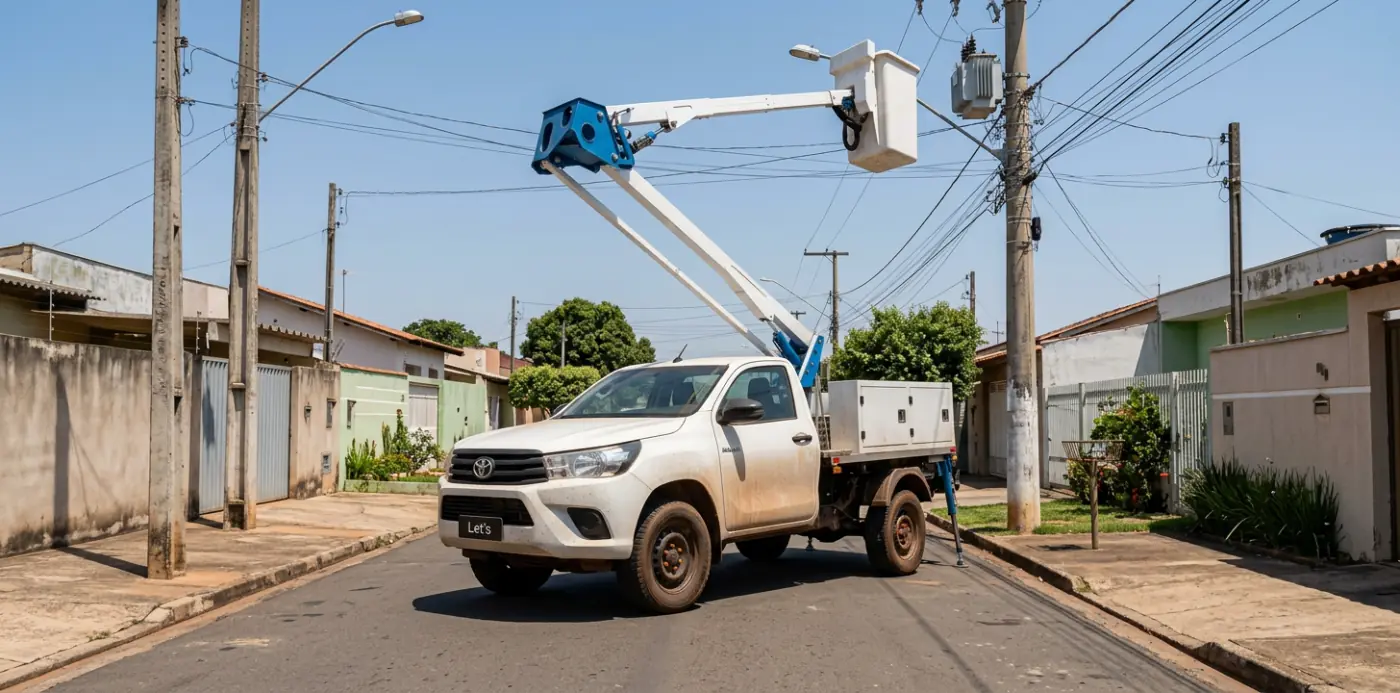 Picape cabine simples com cesto aéreo isolado azul e branco, em rua de bairro com rede elétrica