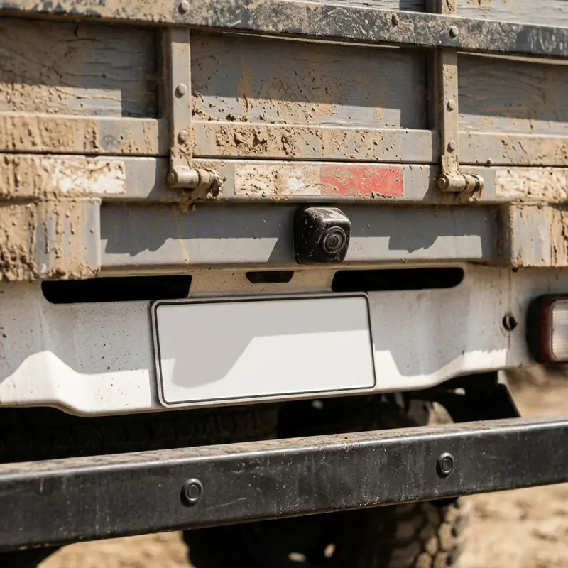 Detalhe da câmera de ré preta acima da placa traseira