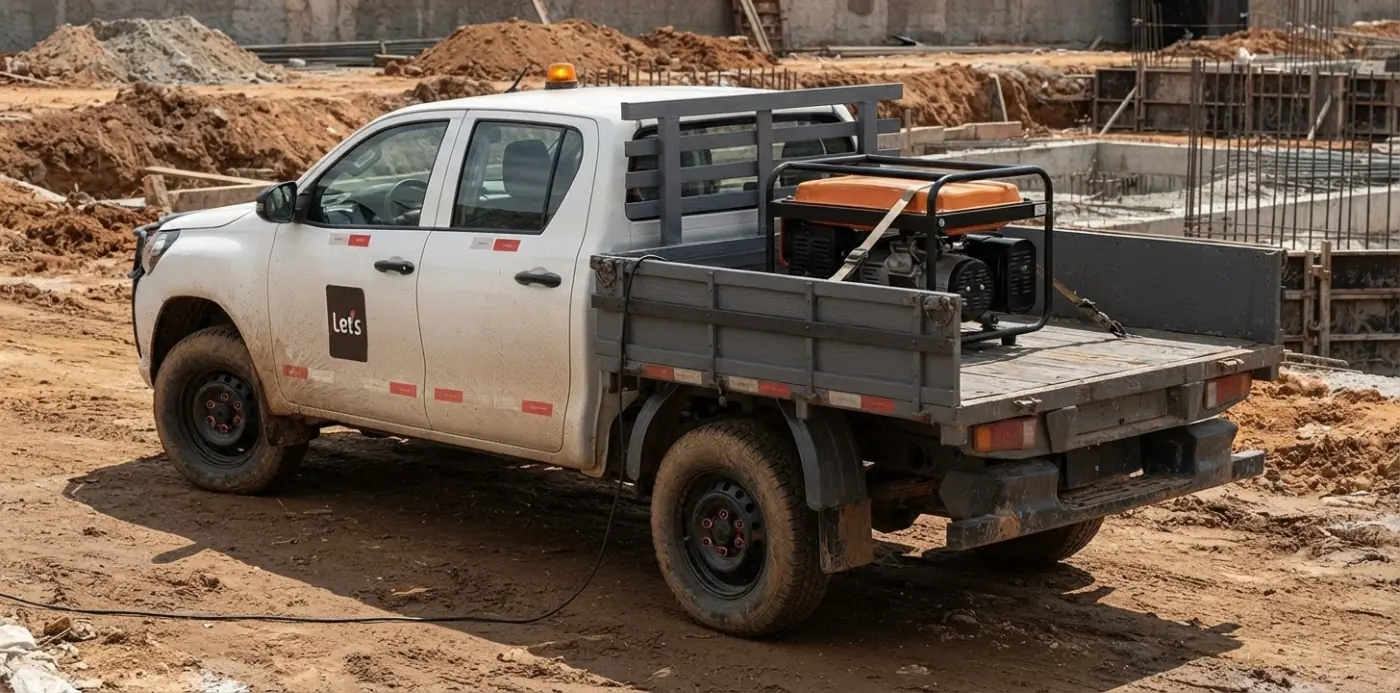 Picape com gerador fixado em base metálica na carroceria, em canteiro de obras