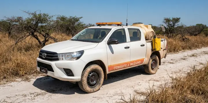 Picape com antena de rádio de mola no teto ao lado da barra de luz âmbar, no cerrado
