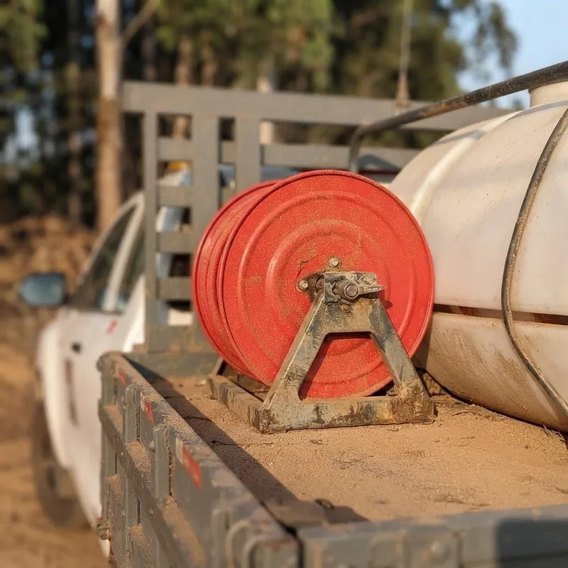 Detalhe do carretel vermelho de mangueira preso ao suporte ao lado do tanque de água