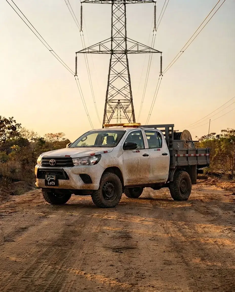 Picape branca com barra de LED âmbar e bobina de cabo na carroceria ao pé de uma torre de transmissão