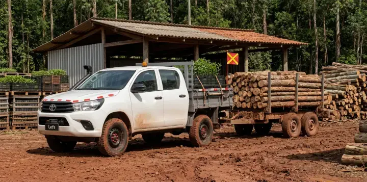 Picape engatada a uma carreta florestal com toras de eucalipto em pátio de apoio