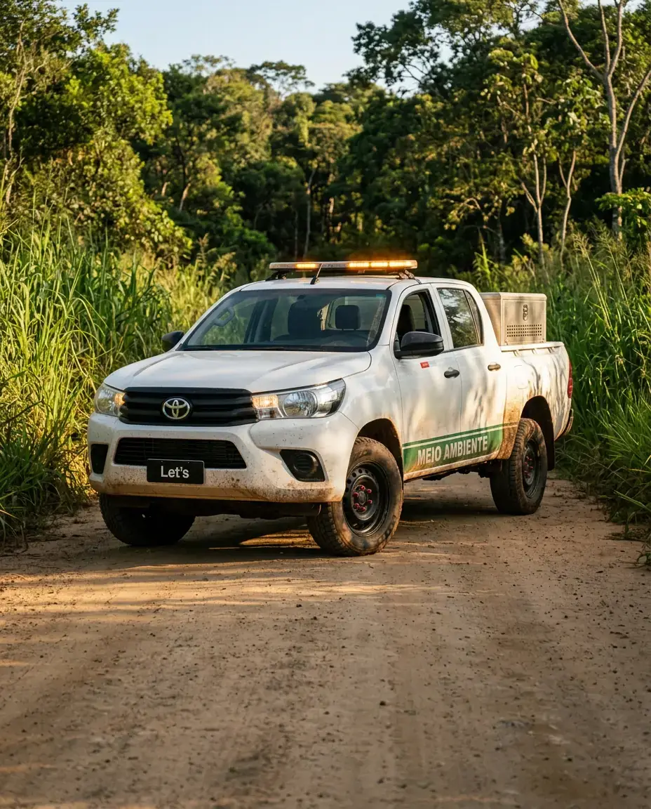 Picape branca com caixa de alumínio, barra de LED âmbar e faixa Meio Ambiente em estrada de terra na mata