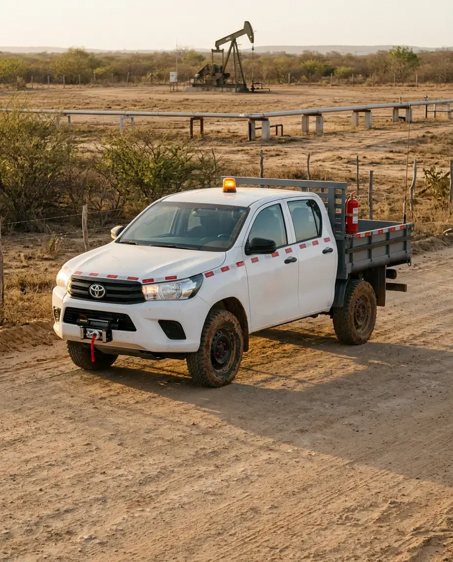 Picape branca com guincho, antena de rádio e extintor na estrada de terra de um campo de petróleo terrestre