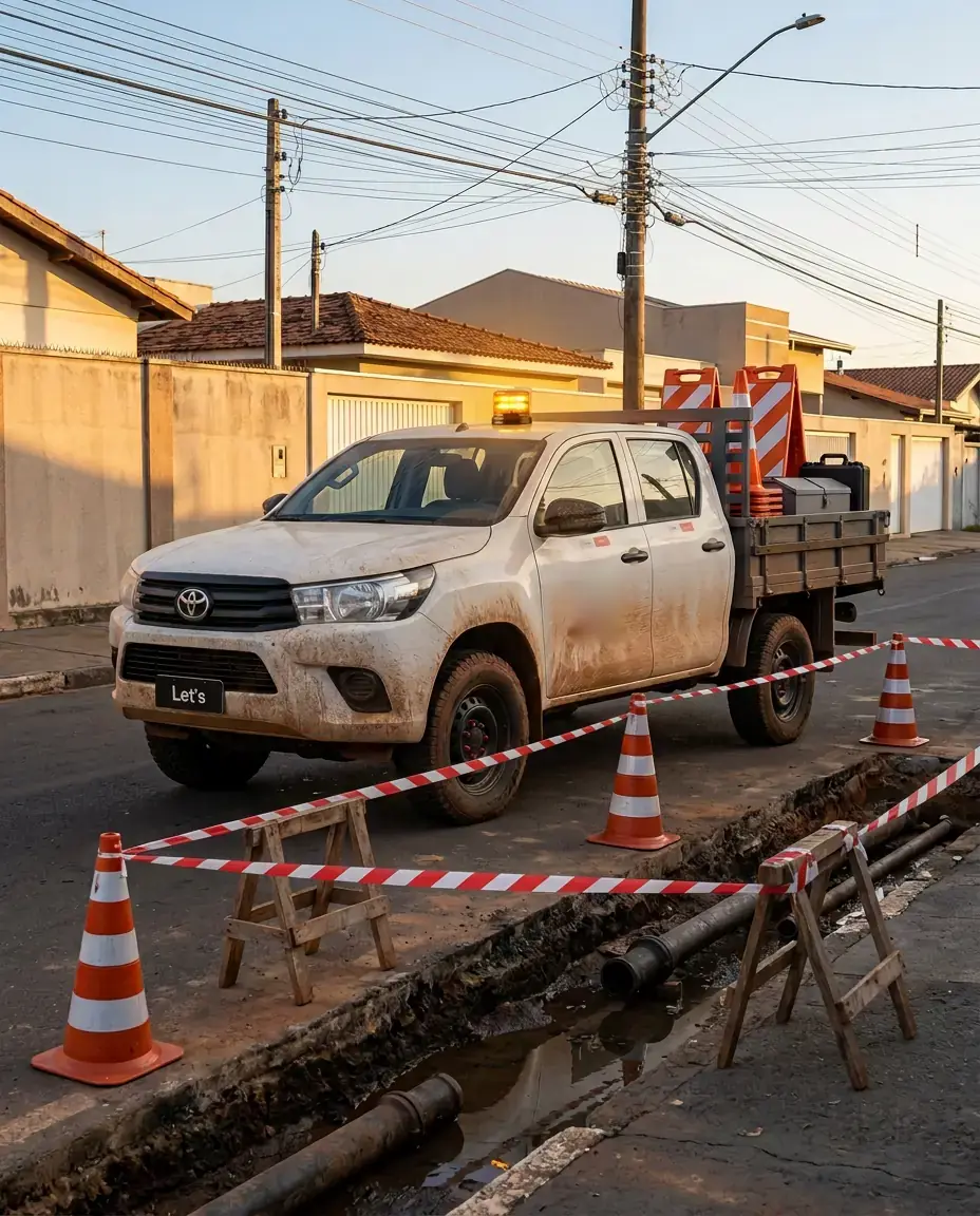 Picape branca com cones, cavaletes e caixa de ferramentas na carroceria, parada junto a uma vala de rede de água isolada