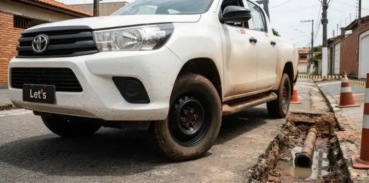 Picape com roda de ferro preta e indicador de porca solta vinho em cada porca
