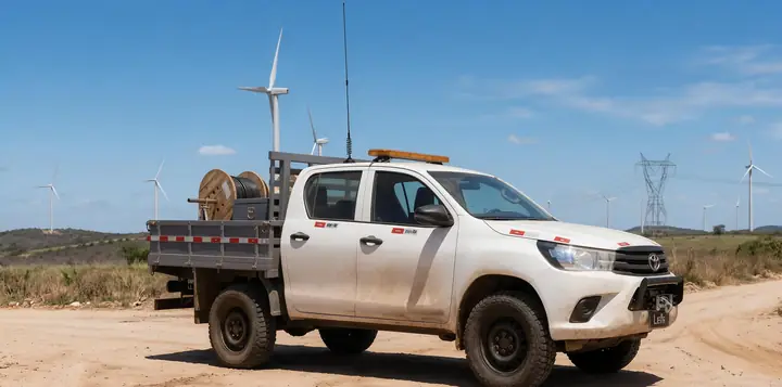 Picape com antena de rádio no teto da cabine, aerogeradores ao fundo