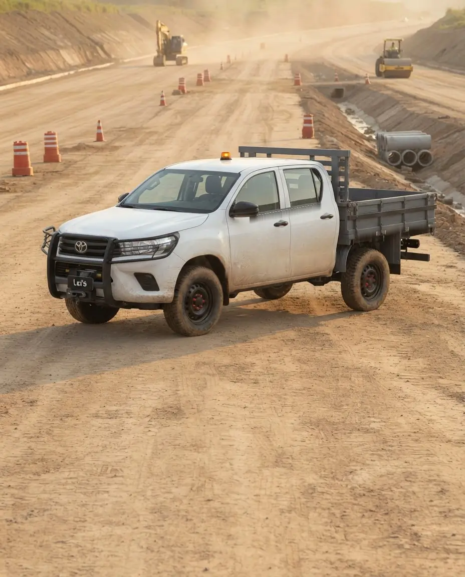 Picape branca com giroflex, grade de proteção e carroceria de carga seca em obra de infraestrutura