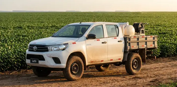 Picape com tanque branco de pulverização, mangueira e bico na carroceria, em bordadura de soja