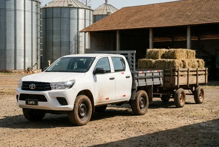 Picape engatada a uma carreta agrícola carregada de fardos de feno no pátio da fazenda