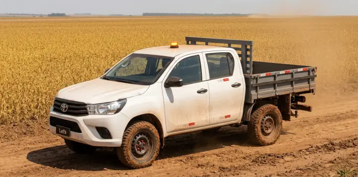 Picape com giroflex âmbar aceso no teto em estrada de terra