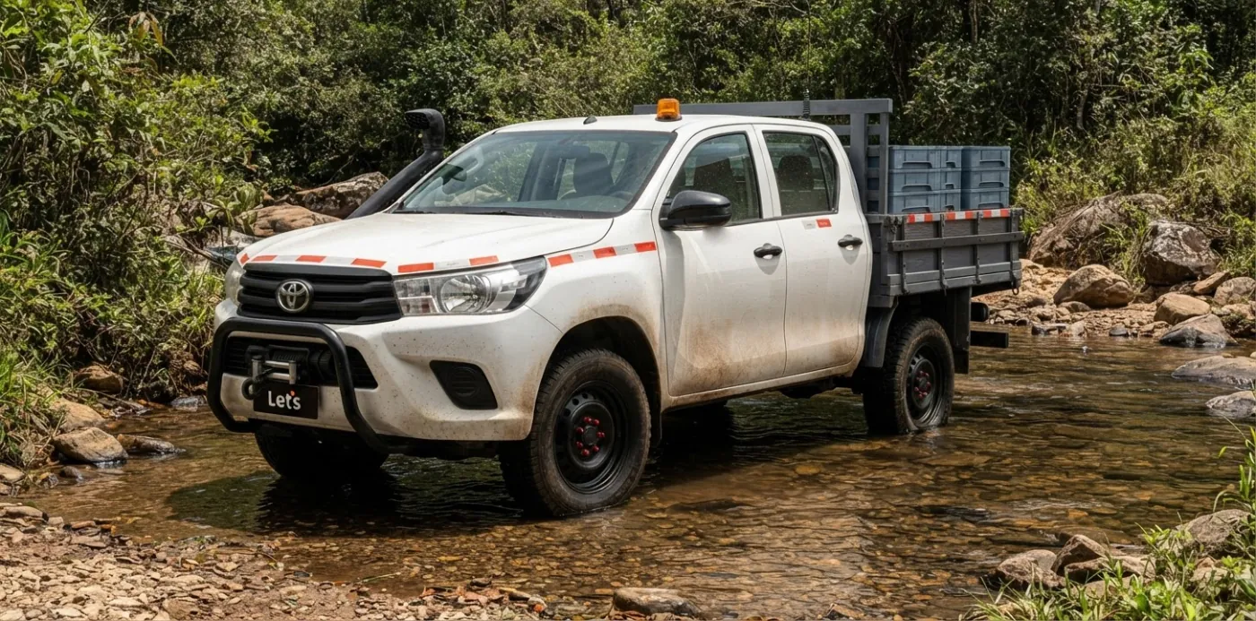 Picape com snorkel preto na coluna do para-brisa cruzando um riacho raso