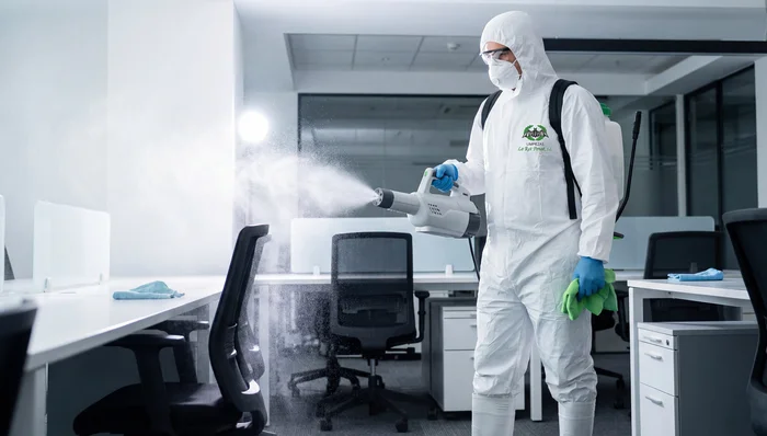 Empleado con uniforme haciendo una desinfección