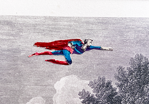 A spinning sticker of a handrawn superman flying