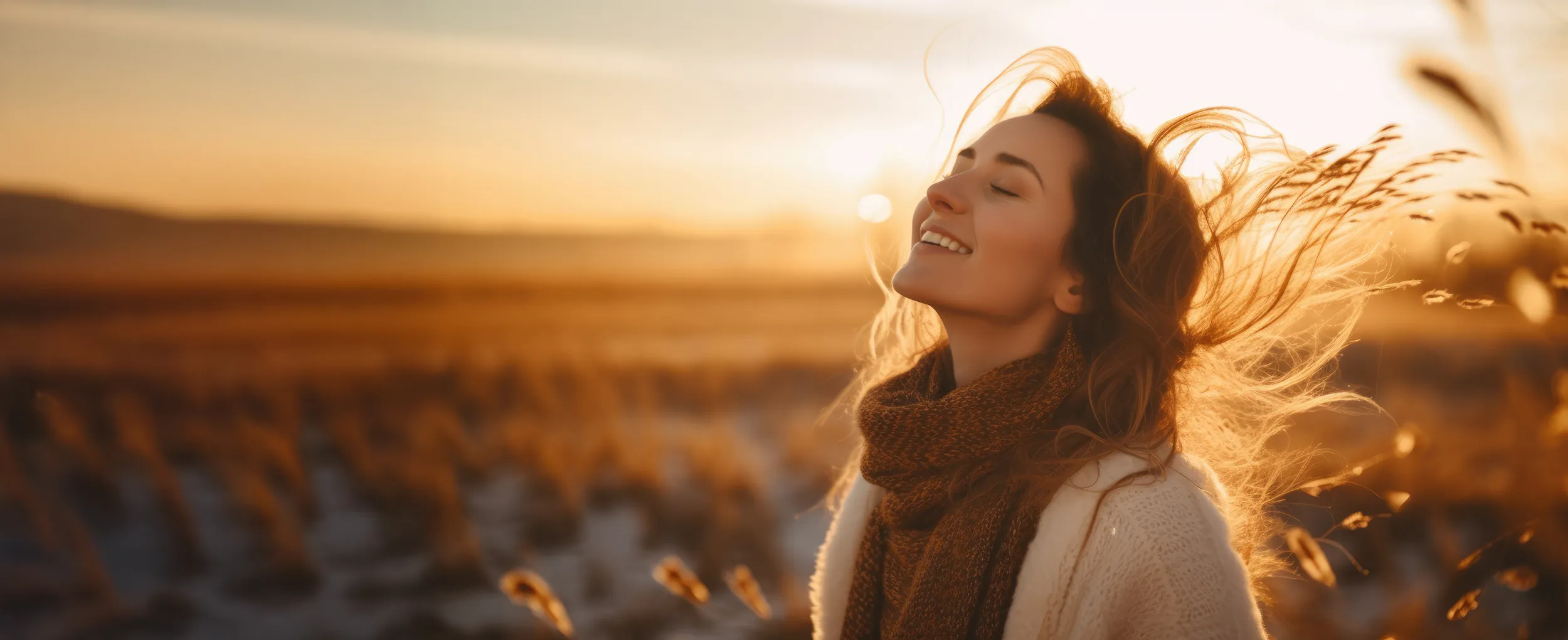 Female with flowing hair enjoying the feeling of the sun in a field
