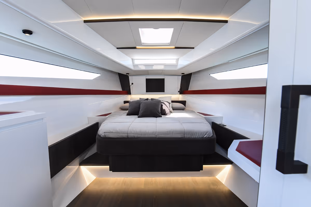 Fiart 43 Seawalker forward cabin with contemporary design and premium finishes for onboard comfort