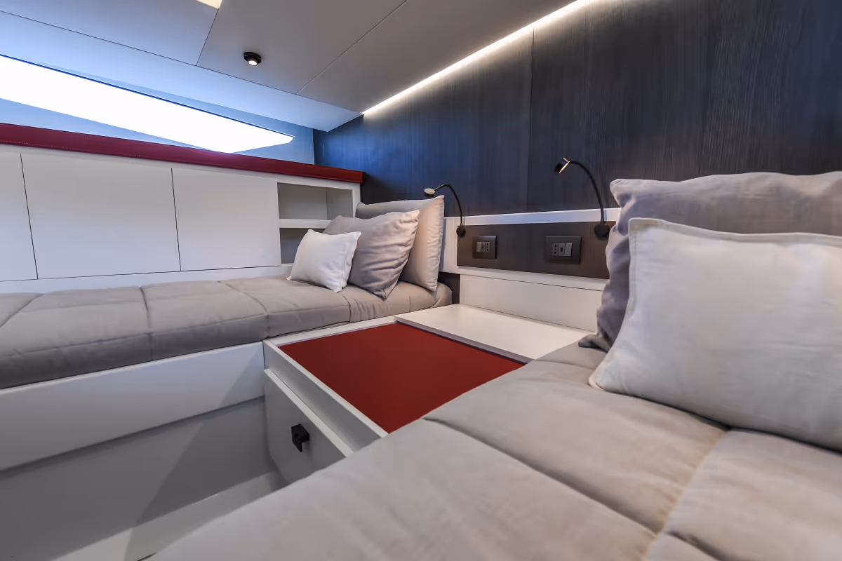 Fiart 43 Seawalker interior twin cabin with soft tones and natural light, offering comfort during breaks at sea