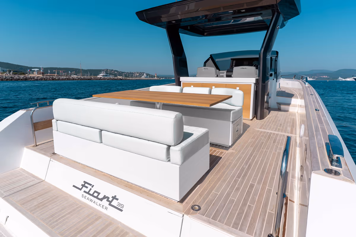 Another view of the Fiart Seawalker 39 deck highlighting its ergonomic seating layout.