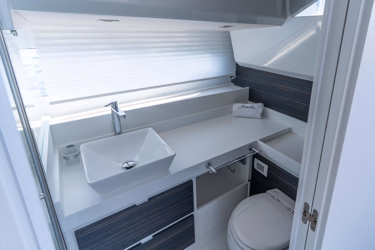 Minimalist bathroom design onboard the Fiart Seawalker 39, with modern fixtures and finishes.