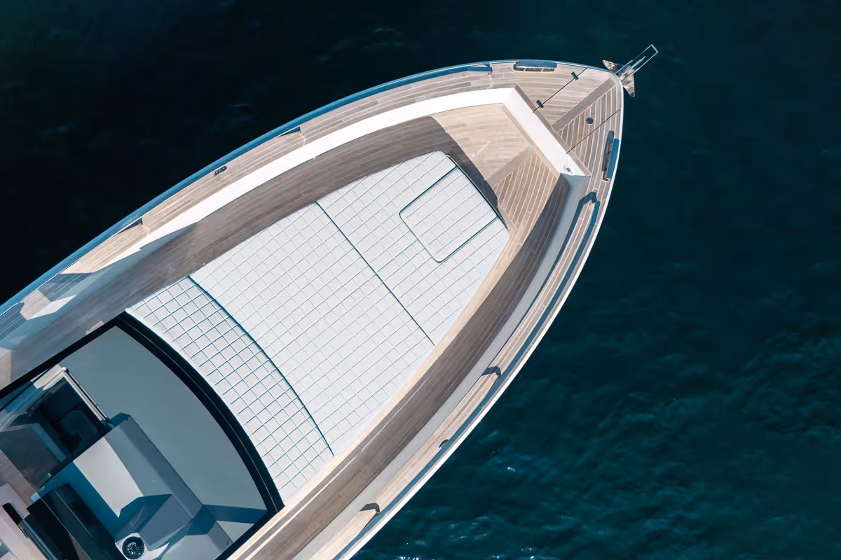 Bird's eye view of the Fiart Seawalker 39 deck showcasing the forward sunpad area.