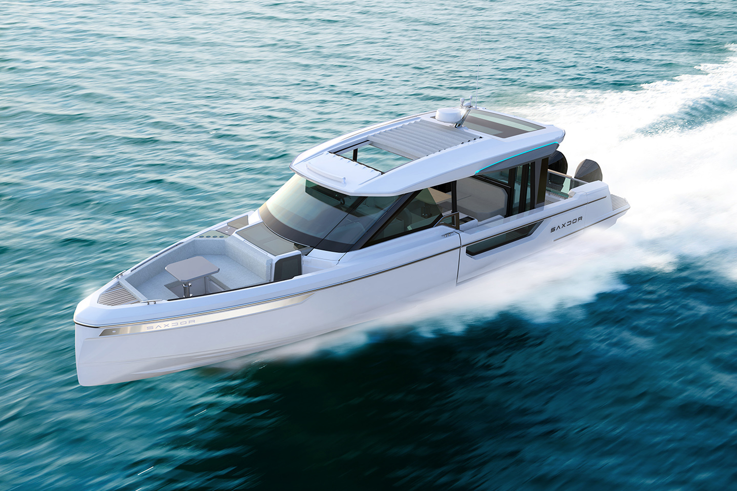 Exterior view of the Saxdor 400 GTO cruising on water, showcasing its sleek design perfect for charters. at sunset with warm golden light during charter cruising