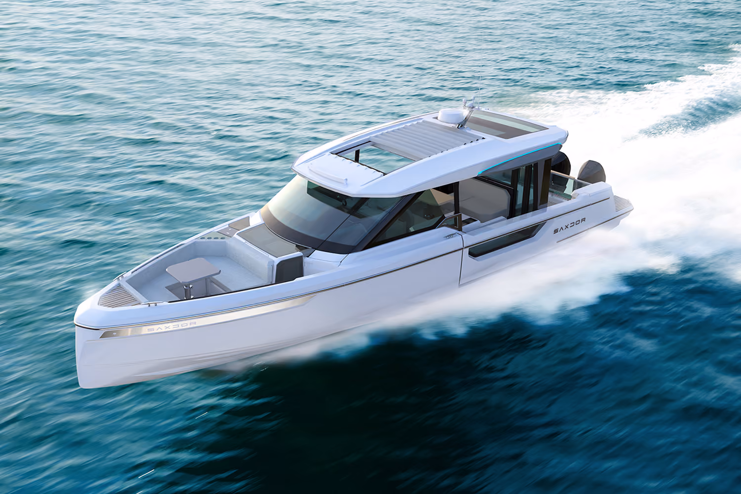 Exterior view of the Saxdor 400 GTO cruising on water, showcasing its sleek design perfect for charters. at sunset with warm golden light during charter cruising