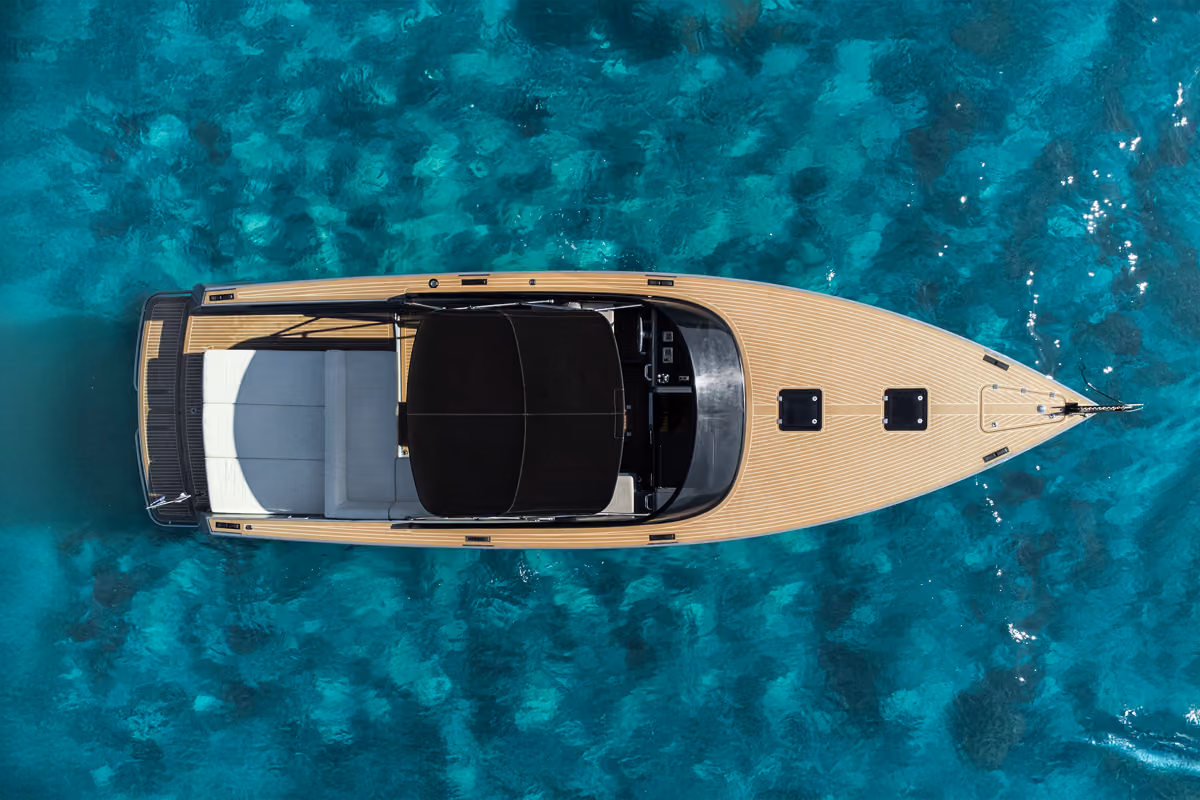 Top view of the VanDutch 40 charter highlighting deck layout and bimini top.