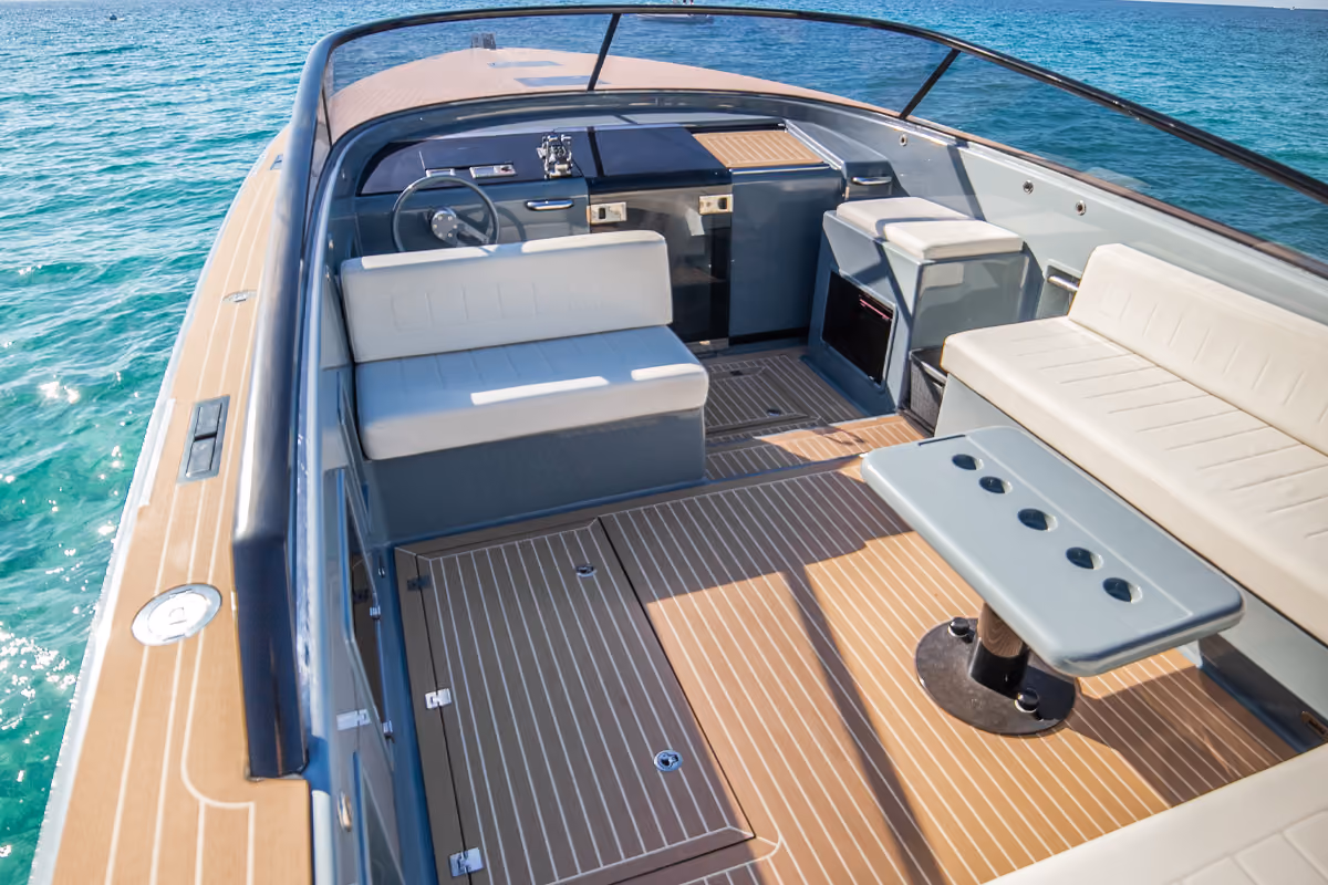 Another angle of the aft lounge on the VanDutch 40 charter, showcasing comfortable seating.