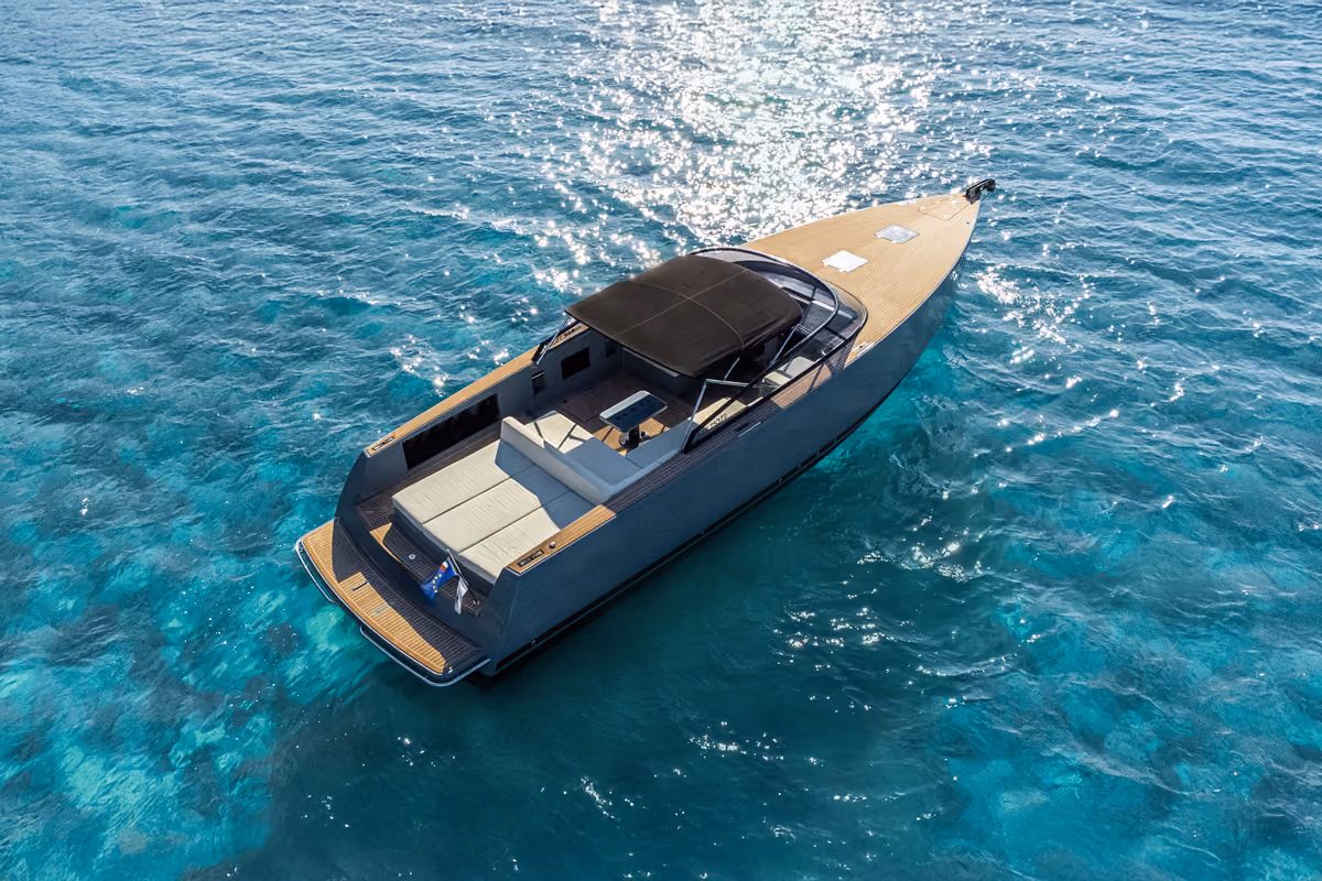 Aft view of the VanDutch 40 charter featuring spacious lounge area for socializing.