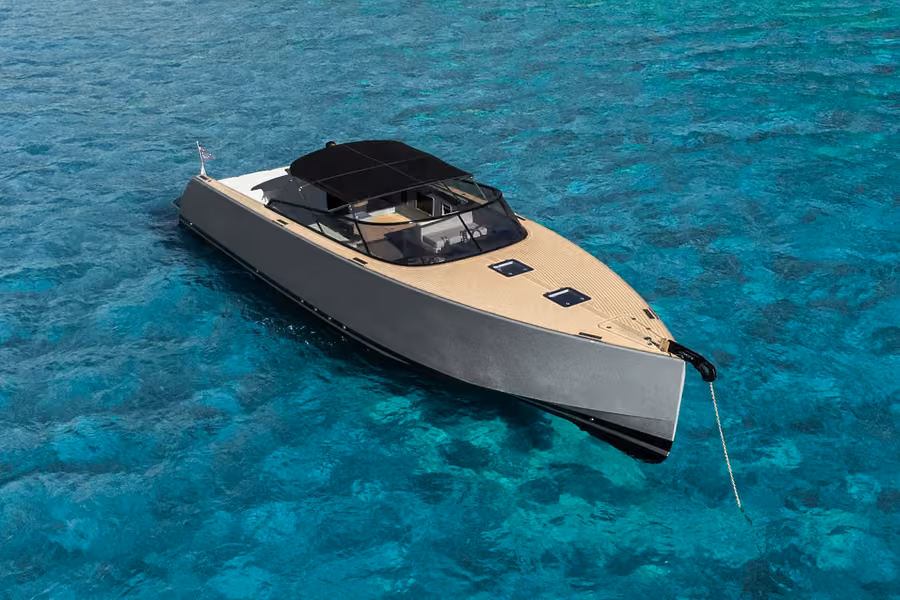 VanDutch 40 cruising at sunset on the French Riviera.
