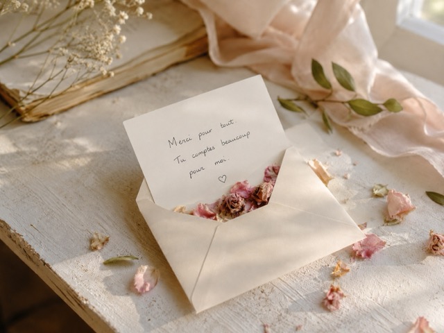 Lettre envoyée avec des pétales de fleurs pour illustrer une attention délicate par correspondance