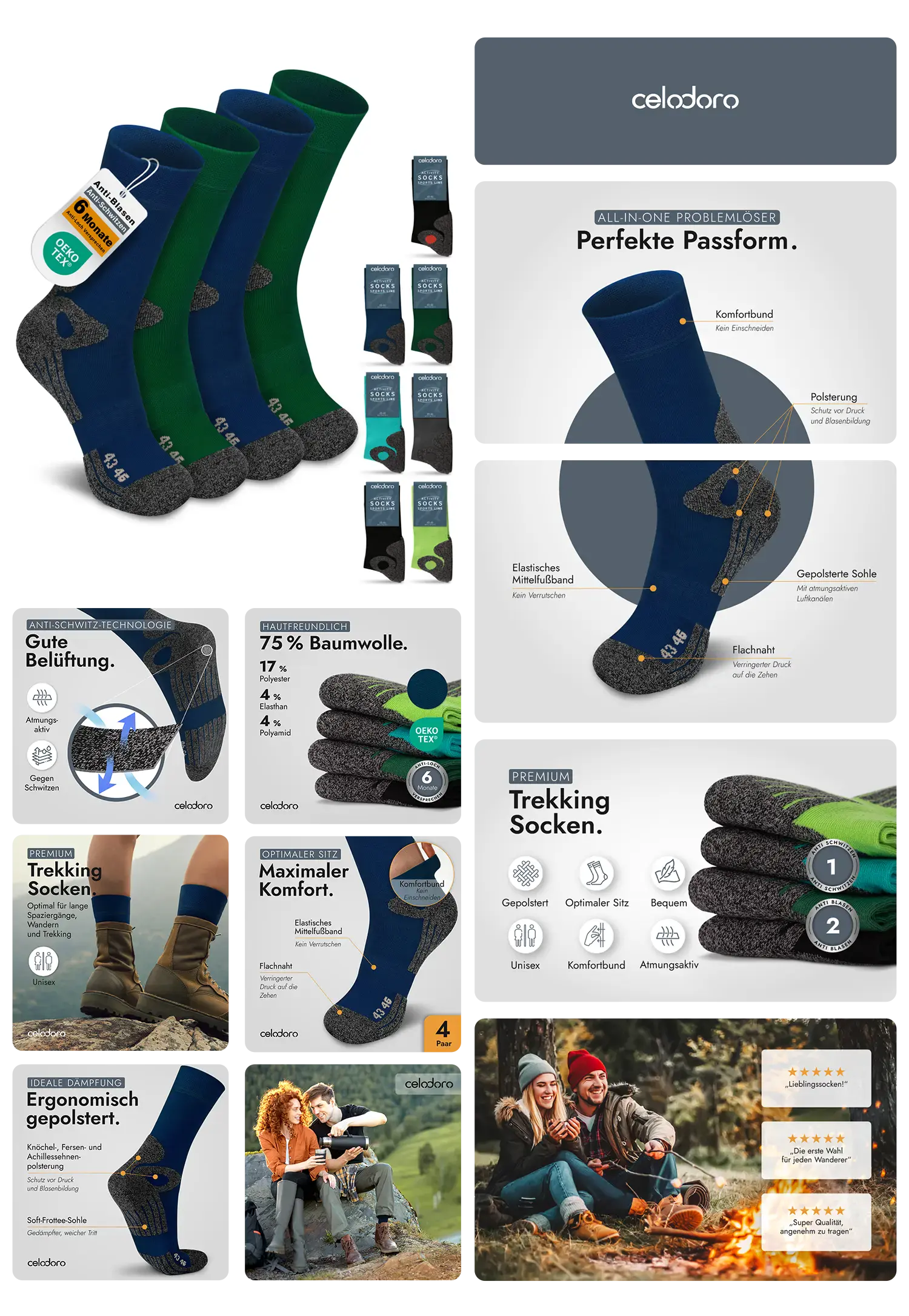 Infografik für Trekking-Socken, die Materialzusammensetzung, spezielle Polsterungen und Lifestyle-Bilder von Wanderern zeigt. infografik-design-produktfotografie-lifestyle-aufnahme-amazon-agentur-visual-conversion-referenzen