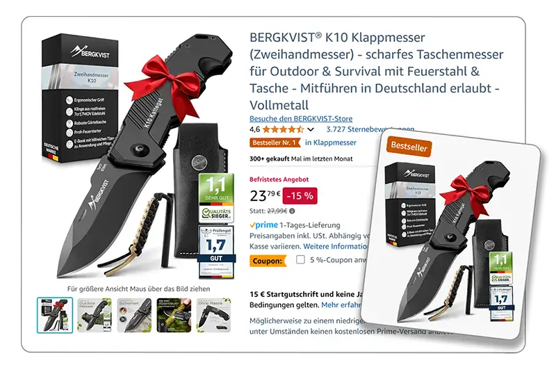 Showcase eines Bestseller-Klappmessers auf Amazon, das auch als Qualitätssieger ausgezeichnet wurde. bestseller-qualitätssieger-amazon-produktfotografie-klappmesser-visual-conversion-agentur