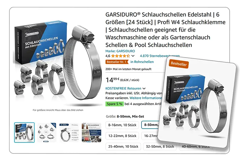 Showcase eines Bestseller-Sets von Edelstahl-Schlauchschellen auf der Amazon-Produktseite. bestseller-amazon-produktfotografie-schlauchschellen-edelstahl-visual-conversion-agentur