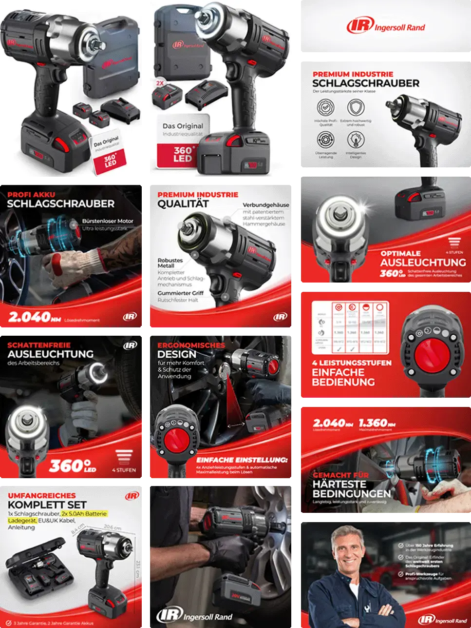 Detaillierte A-Plus-Content-Infografik für einen Ingersoll Rand Akku-Schlagschrauber, die technische Merkmale wie 360°-Beleuchtung und ergonomisches Design hervorhebt. a-plus-content-infografik-produktfotografie-3d-visualisierung-amazon-agentur-visual-conversion-referenzen