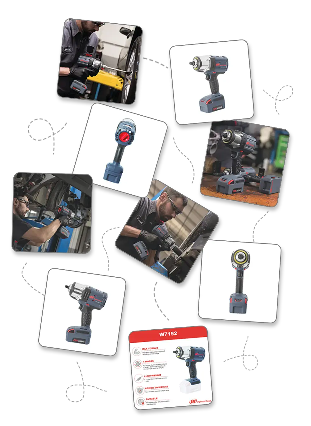 Künstlerische Collage aus Produkt- und Lifestyle-Fotos eines Akku-Schlagschraubers, präsentiert auf gekippten Karten. produktfotografie-lifestyle-aufnahme-akku-schlagschrauber-amazon-agentur-visual-conversion-referenzen