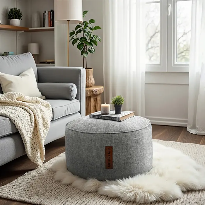 Weiteres Beispiel für eine KI-generierte Produktinszenierung: ein Sitzhocker als dekorativer Beistelltisch im Wohnzimmer. ki-produktinszenierung-künstliche-intelligenz-lifestyle-fotografie-virtueller-raum-visual-conversion