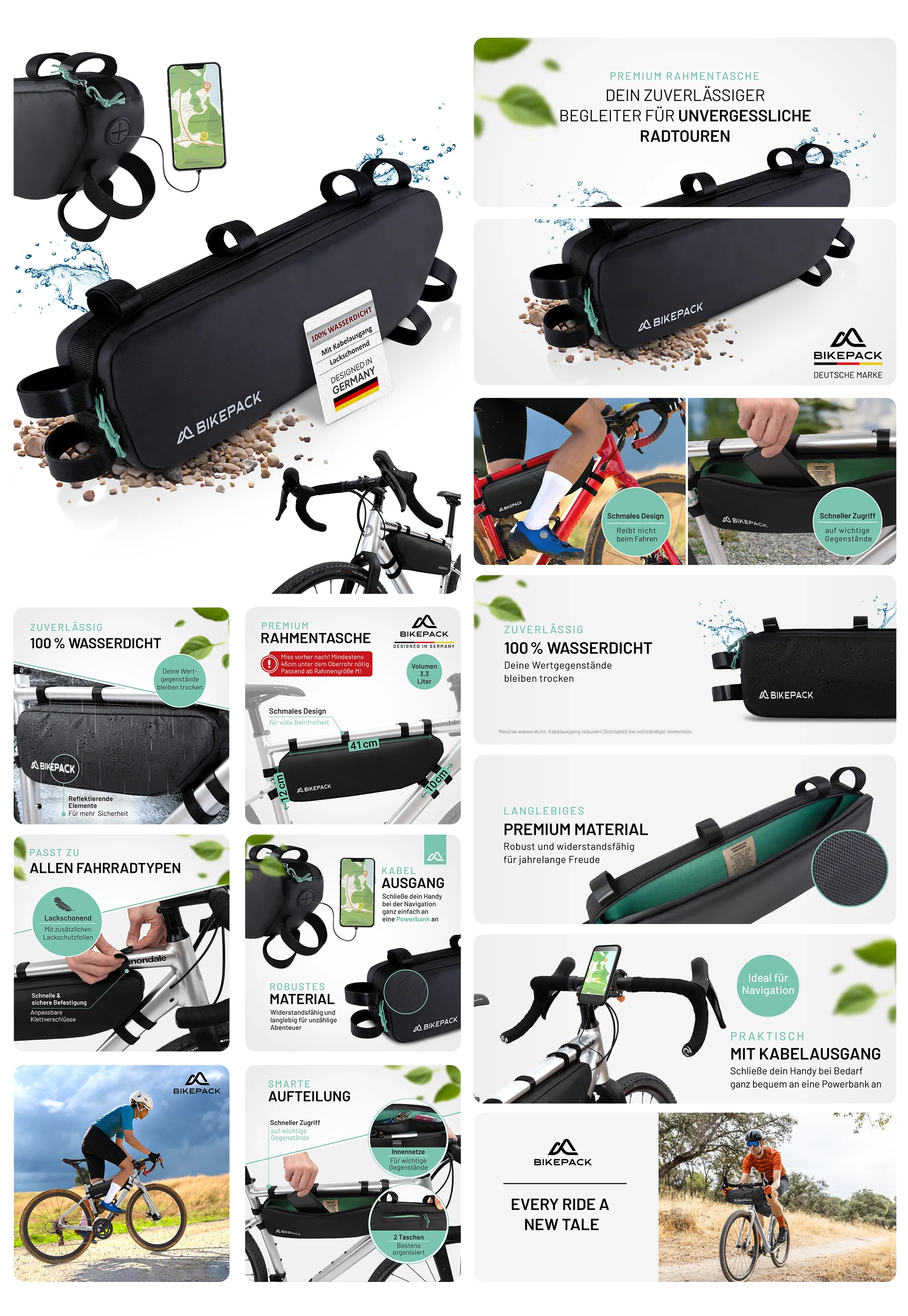 Wasserdichte Bikepack Rahmentasche für Fahrräder – langlebige Premium-Fahrradtasche mit Kabelausgang, einfachem Zugriff und universeller Passform, präsentiert von Visual Conversion.
