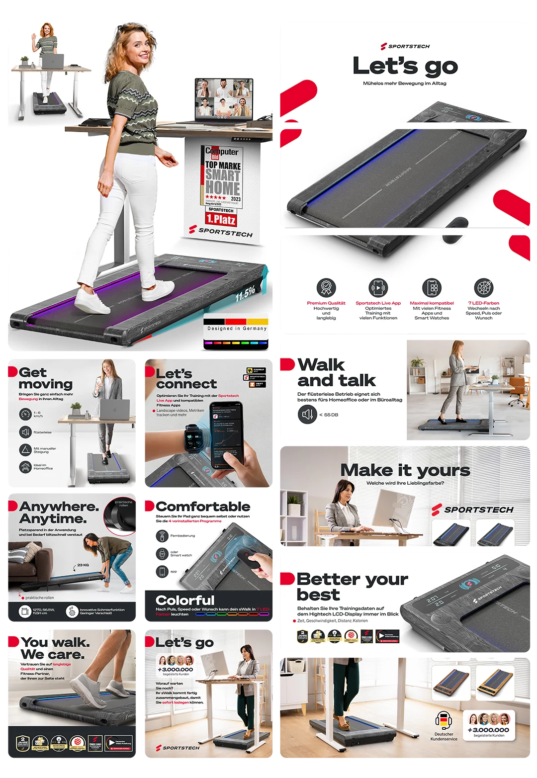 Sportstech Walking Pad – platzsparendes Laufband für Homeoffice und Büro, kompatibel mit Fitness-Apps und Smartwatches, leiser Betrieb unter 55 dB mit LED-Farboptionen, hochwertig designed in Germany, präsentiert von Visual Conversion.